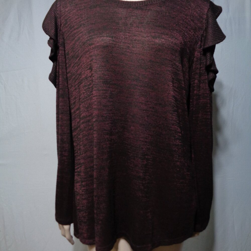 Apt. 9  burgundy and black ruffled cold shoulder, long sleeve top in size large